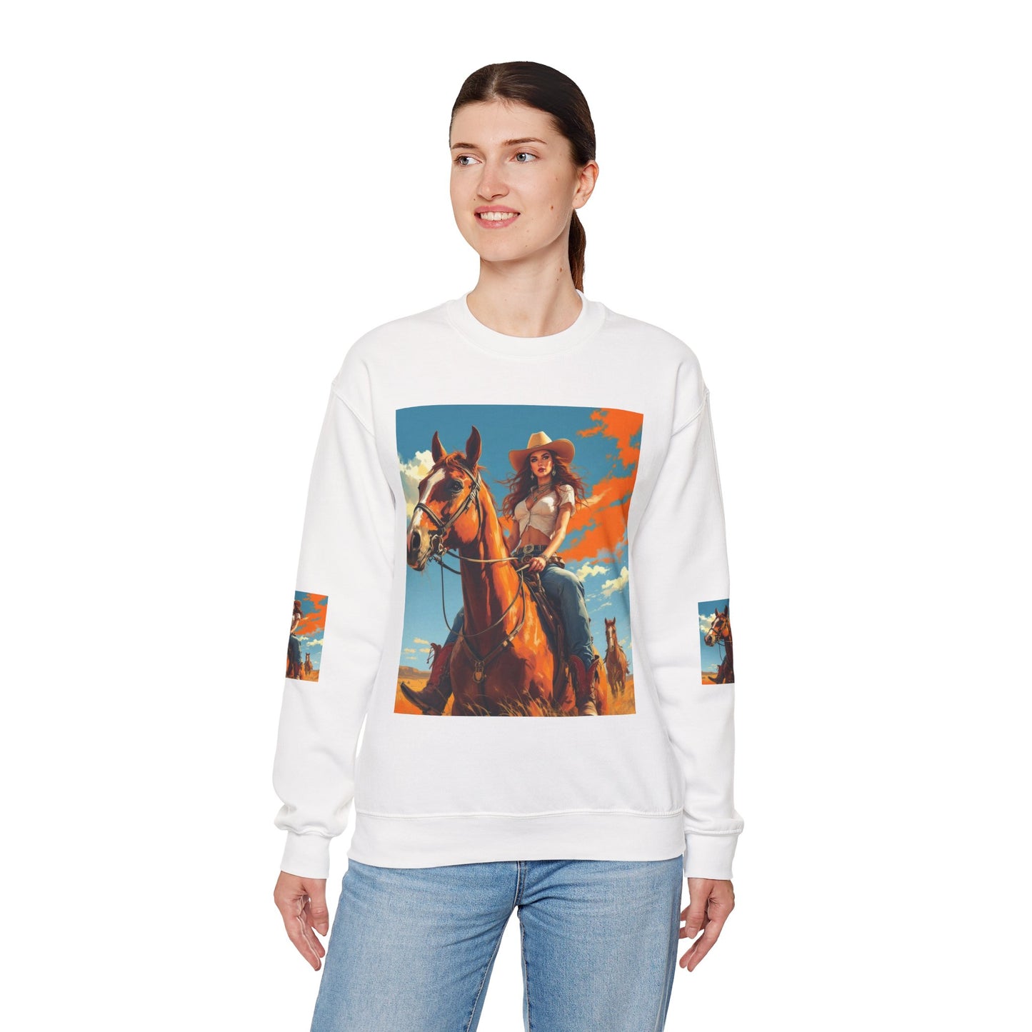 Cowgirl Riding Horse Sweatshirt — Western Sunset Graphic Crewneck