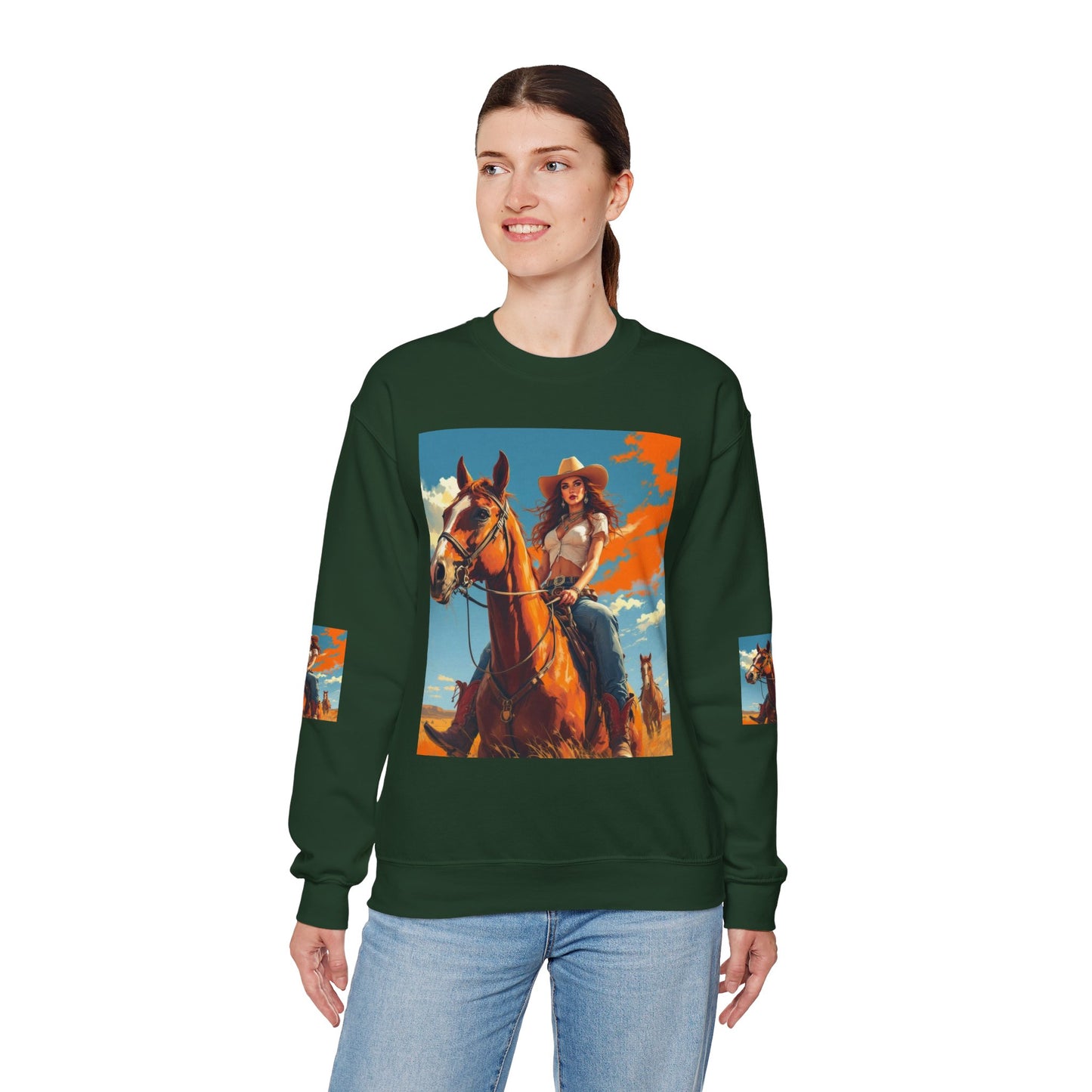 Cowgirl Riding Horse Sweatshirt — Western Sunset Graphic Crewneck