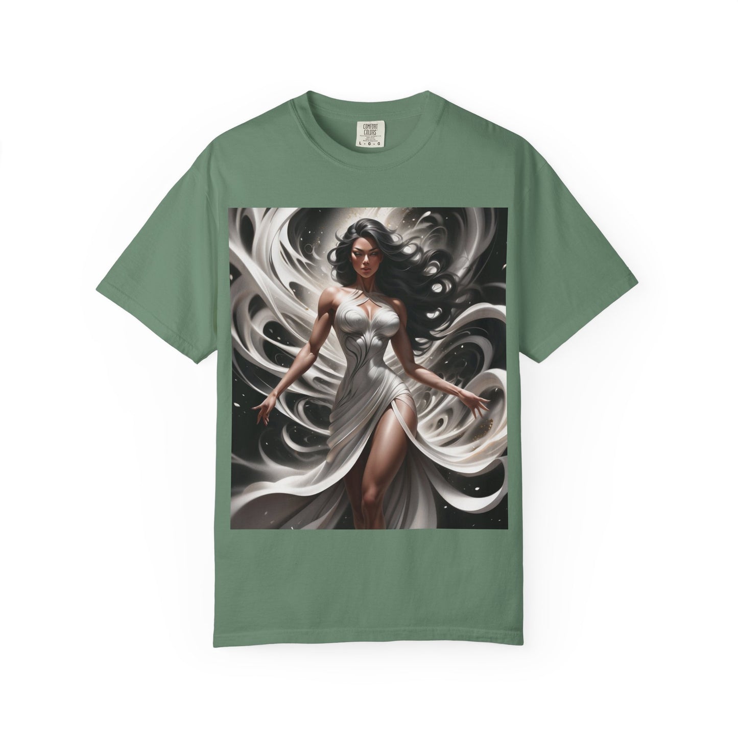 Goddess Art T-Shirt — Elegant White-Draped Fantasy Woman Print