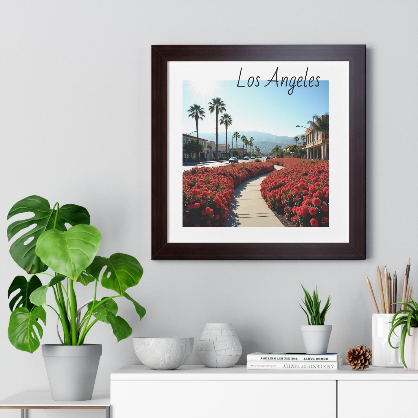 Framed Horizontal Poster, Los Angeles Wall Art, Floral Landscape Decor, Home Office Aesthetic, Gift for Travelers, California Art Print
