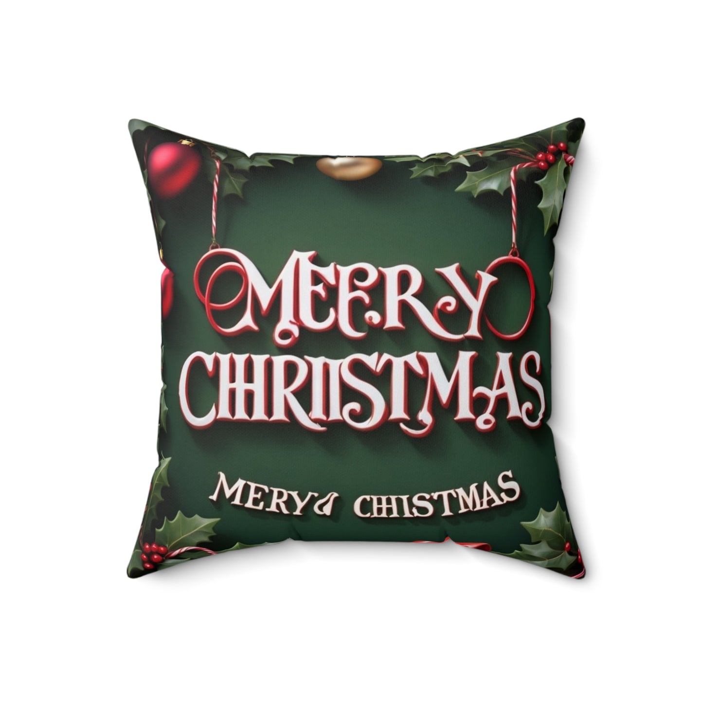 Merry Christmas Decorative Pillow — Festive Green Holiday Throw Pillow with Holly & Ornaments
