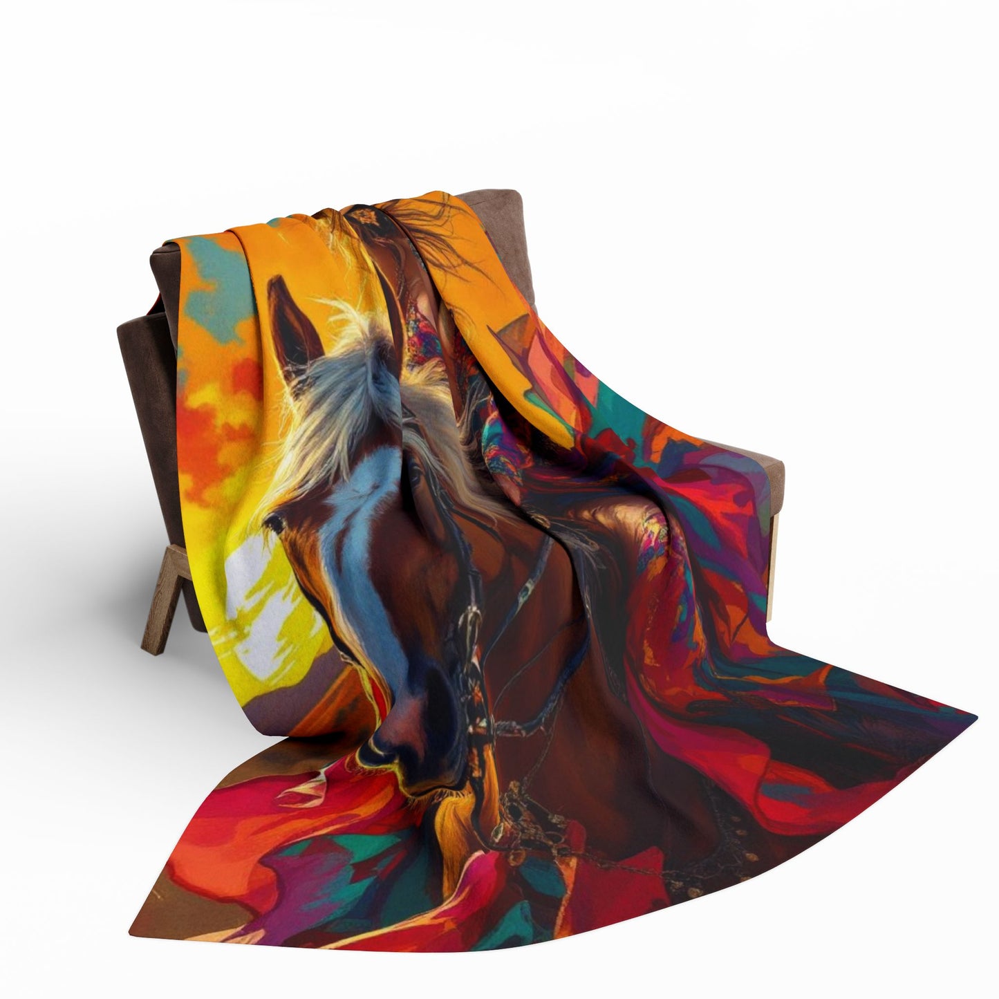 Western Sunset Horse Fleece Blanket — Colorful Cowgirl Riding Print