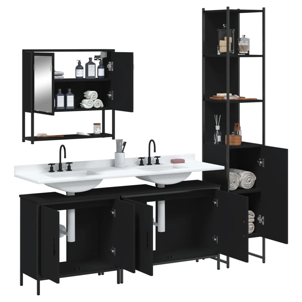 vidaXL 4 Piece Bathroom Furniture Set Black Engineered Wood-4