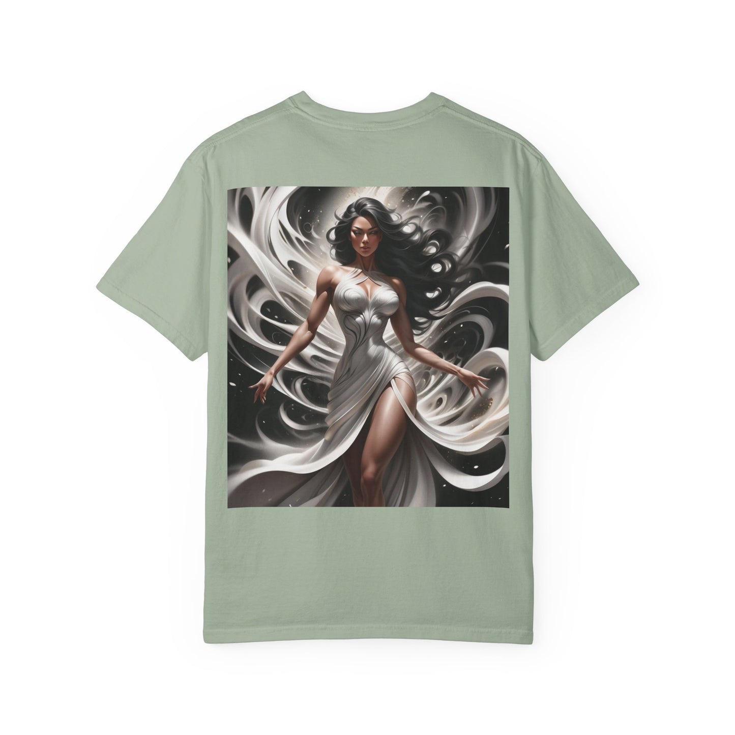 Goddess Art T-Shirt — Elegant White-Draped Fantasy Woman Print