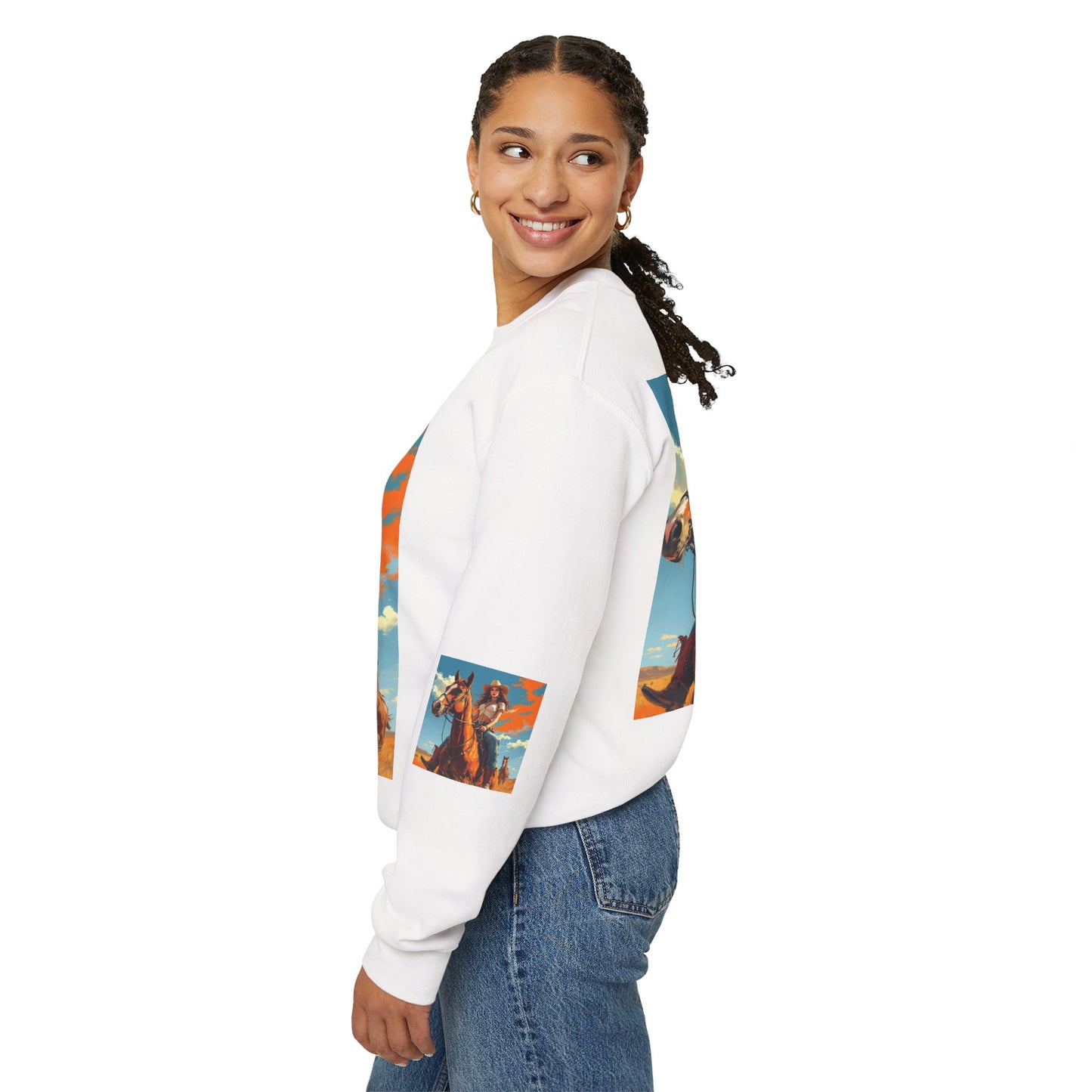 Cowgirl Riding Horse Sweatshirt — Western Sunset Graphic Crewneck