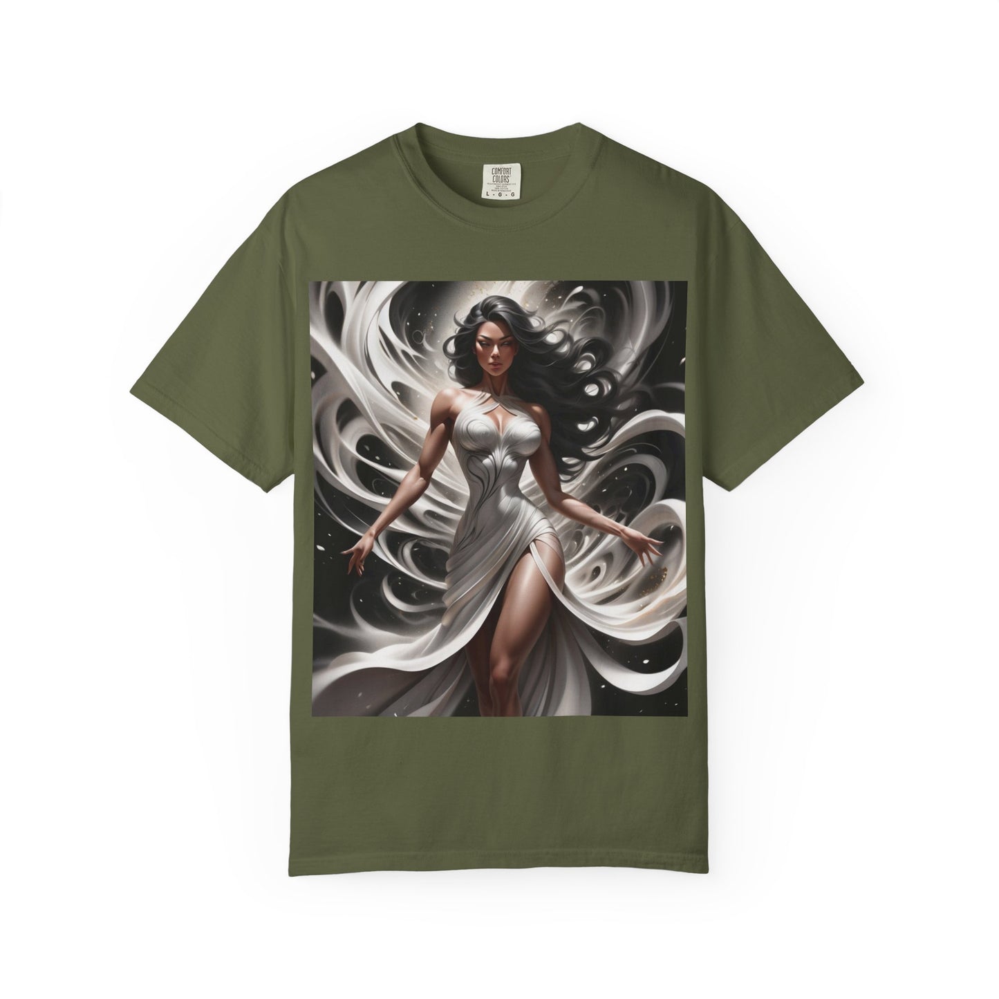 Goddess Art T-Shirt — Elegant White-Draped Fantasy Woman Print