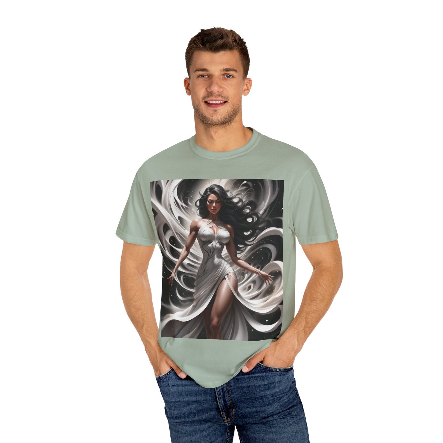Goddess Art T-Shirt — Elegant White-Draped Fantasy Woman Print