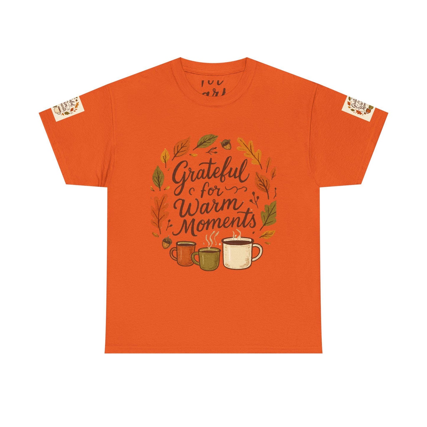 Grateful for Warm Moments Tee | Autumn Leaves, Coffee Mugs, Cozy Fall Design