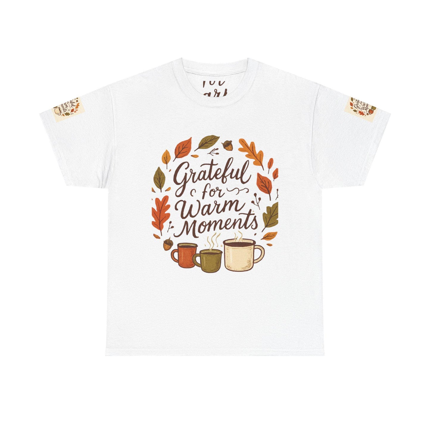Grateful for Warm Moments Tee | Autumn Leaves, Coffee Mugs, Cozy Fall Design