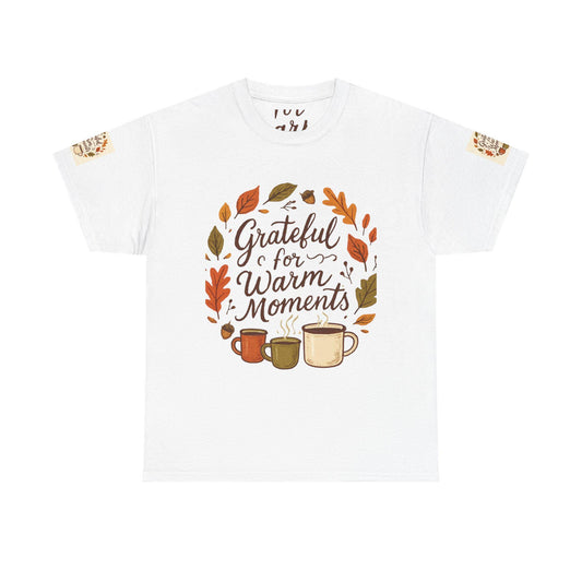 Grateful for Warm Moments Tee | Autumn Leaves, Coffee Mugs, Cozy Fall Design
