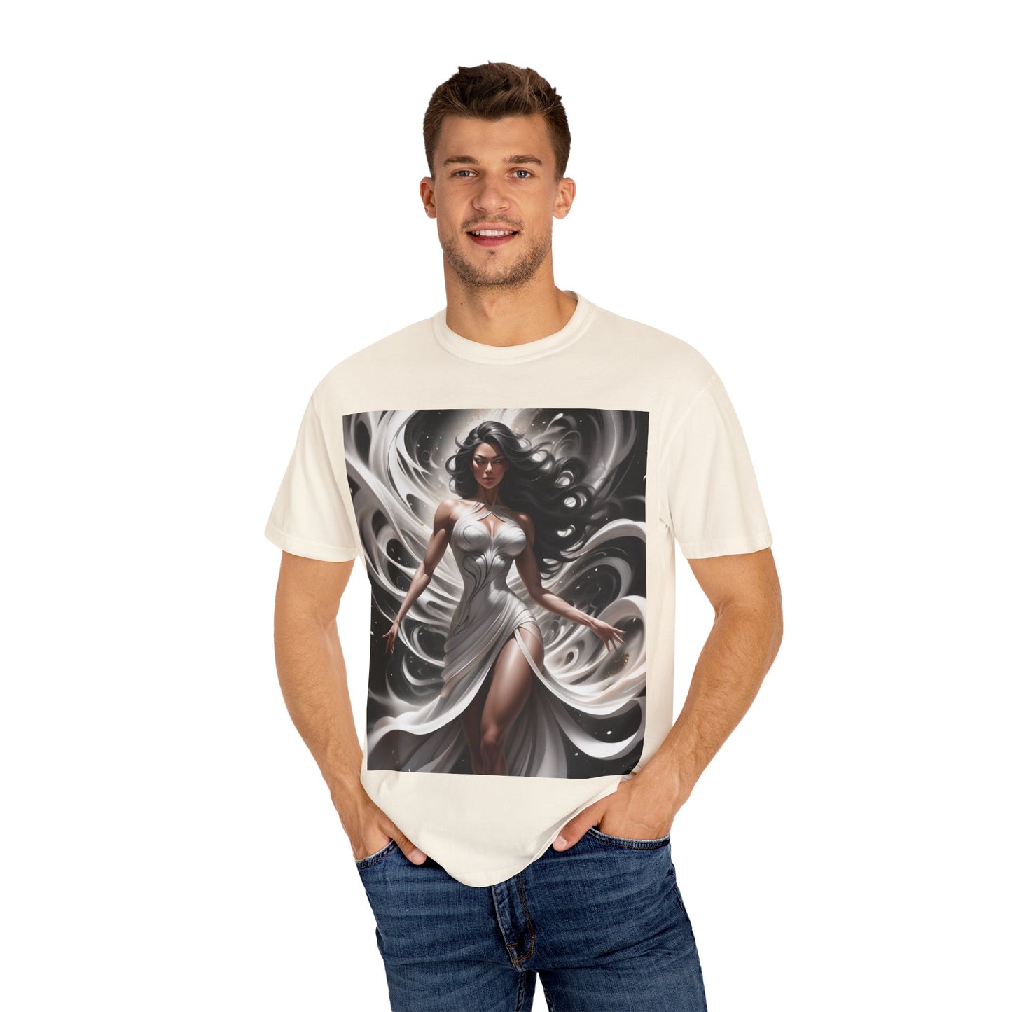 Goddess Art T-Shirt — Elegant White-Draped Fantasy Woman Print