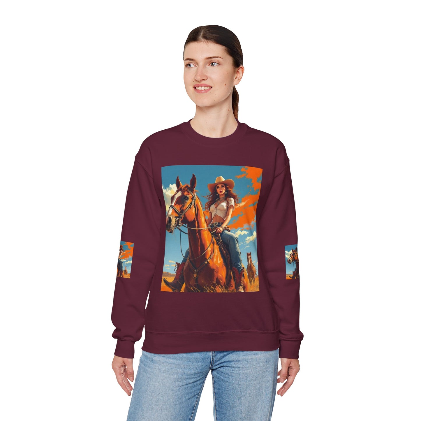 Cowgirl Riding Horse Sweatshirt — Western Sunset Graphic Crewneck