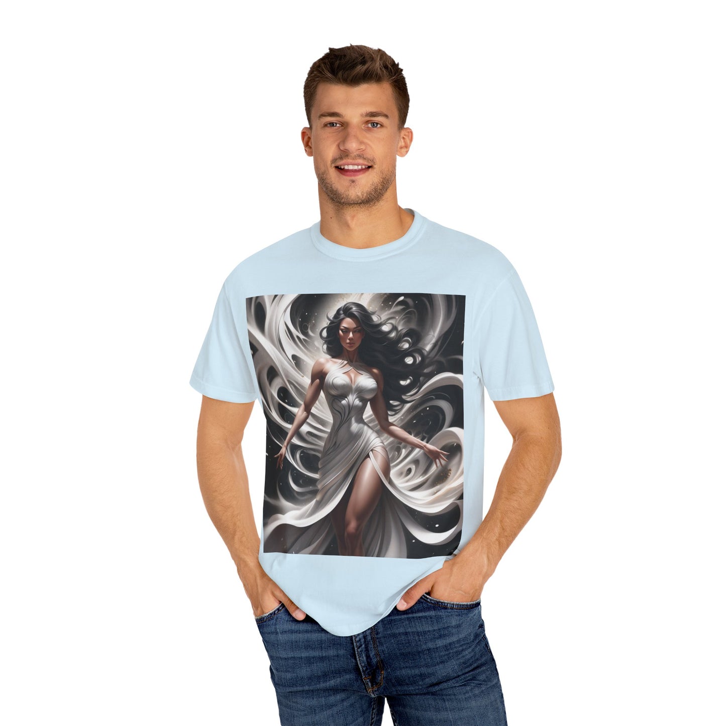 Goddess Art T-Shirt — Elegant White-Draped Fantasy Woman Print