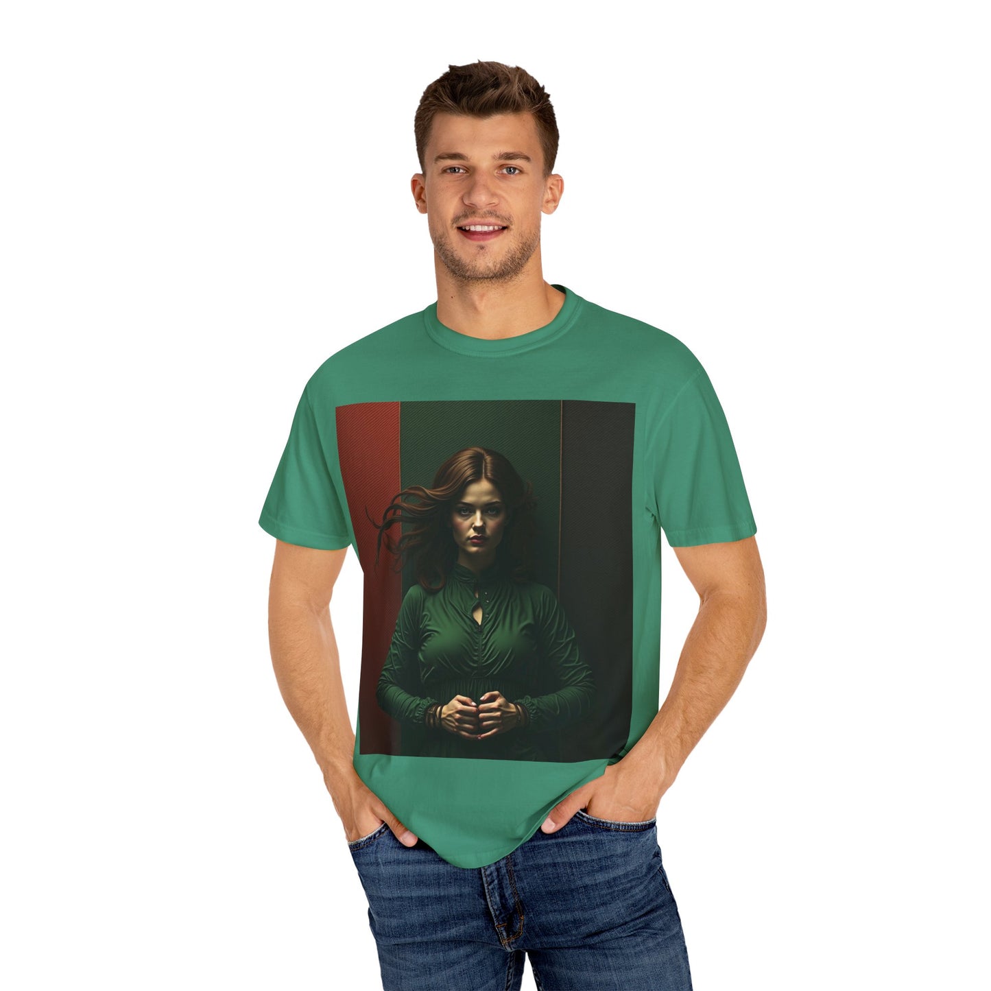 Portrait Photo Tee — Moody Green Woman Graphic T-Shirt