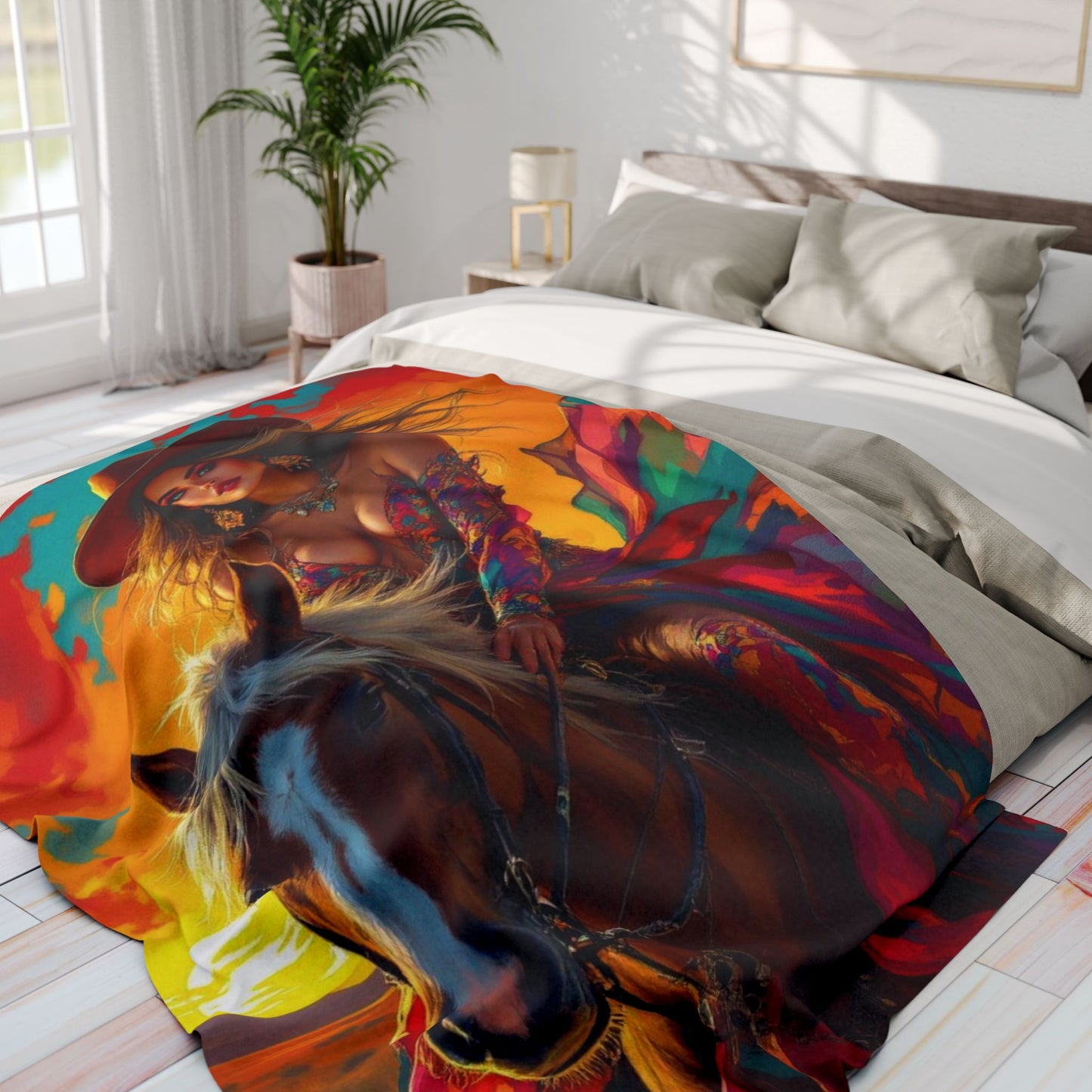 Western Sunset Horse Fleece Blanket — Colorful Cowgirl Riding Print