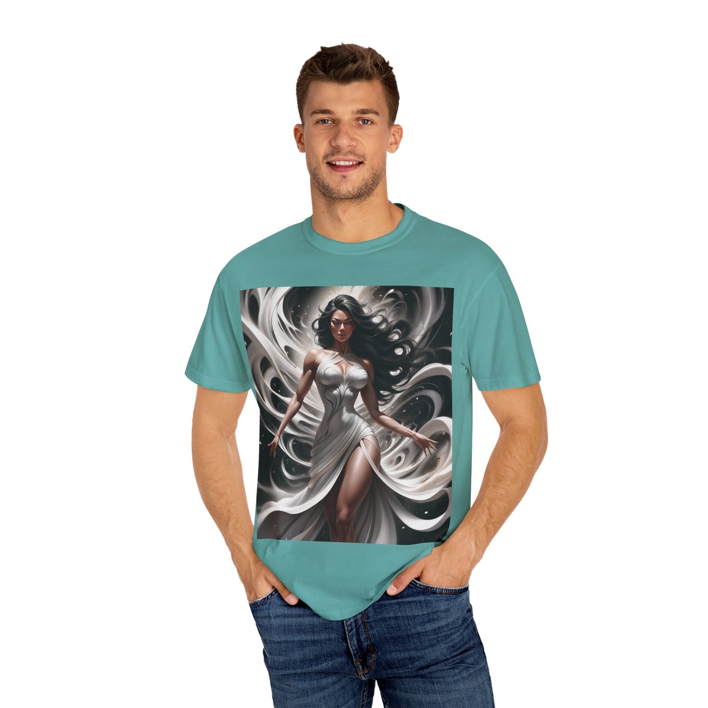 Goddess Art T-Shirt — Elegant White-Draped Fantasy Woman Print