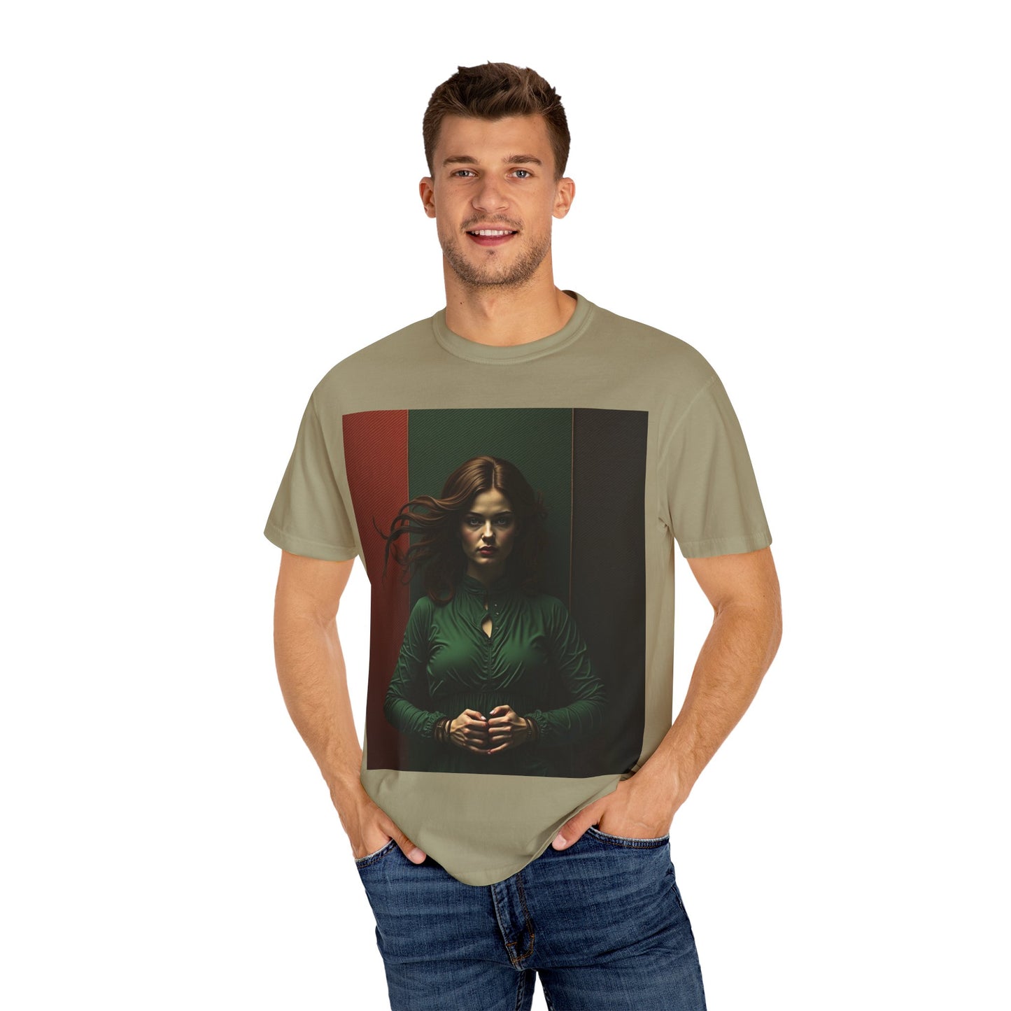 Portrait Photo Tee — Moody Green Woman Graphic T-Shirt