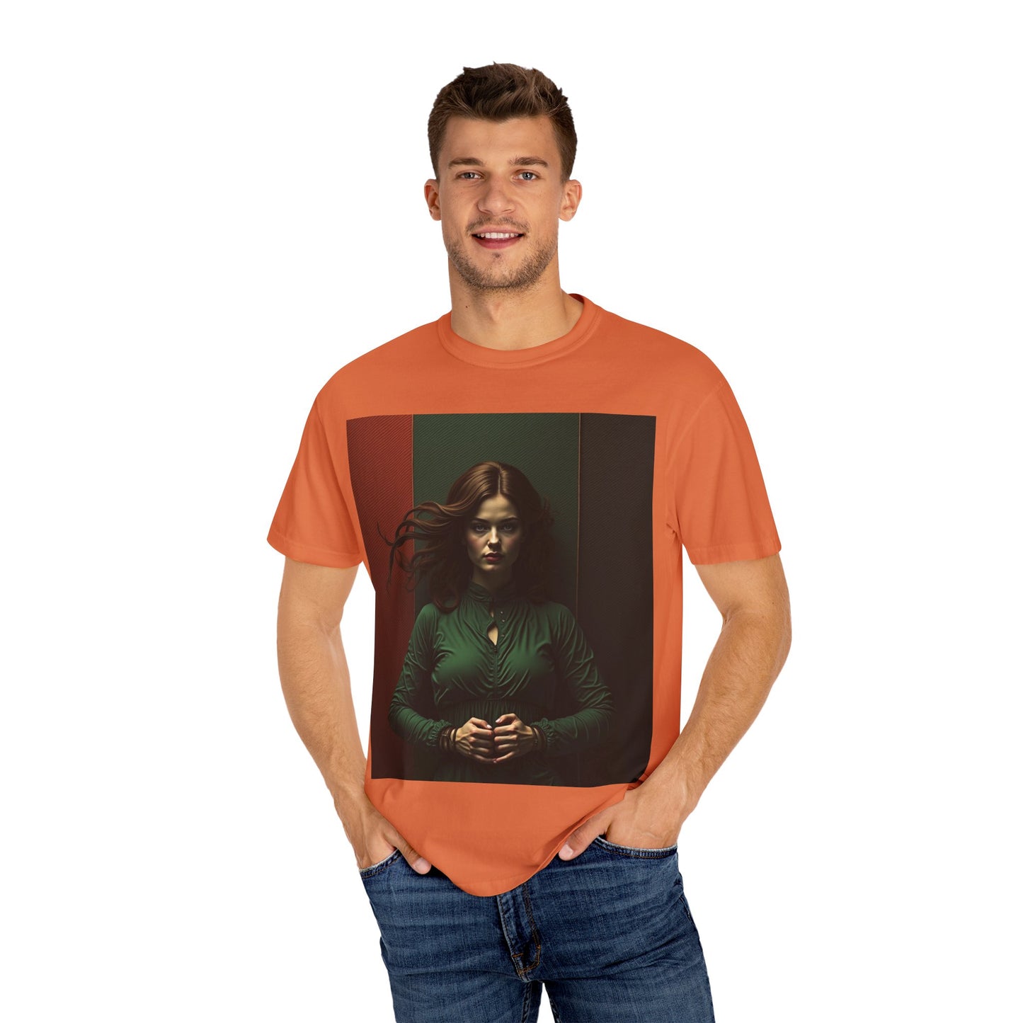Portrait Photo Tee — Moody Green Woman Graphic T-Shirt