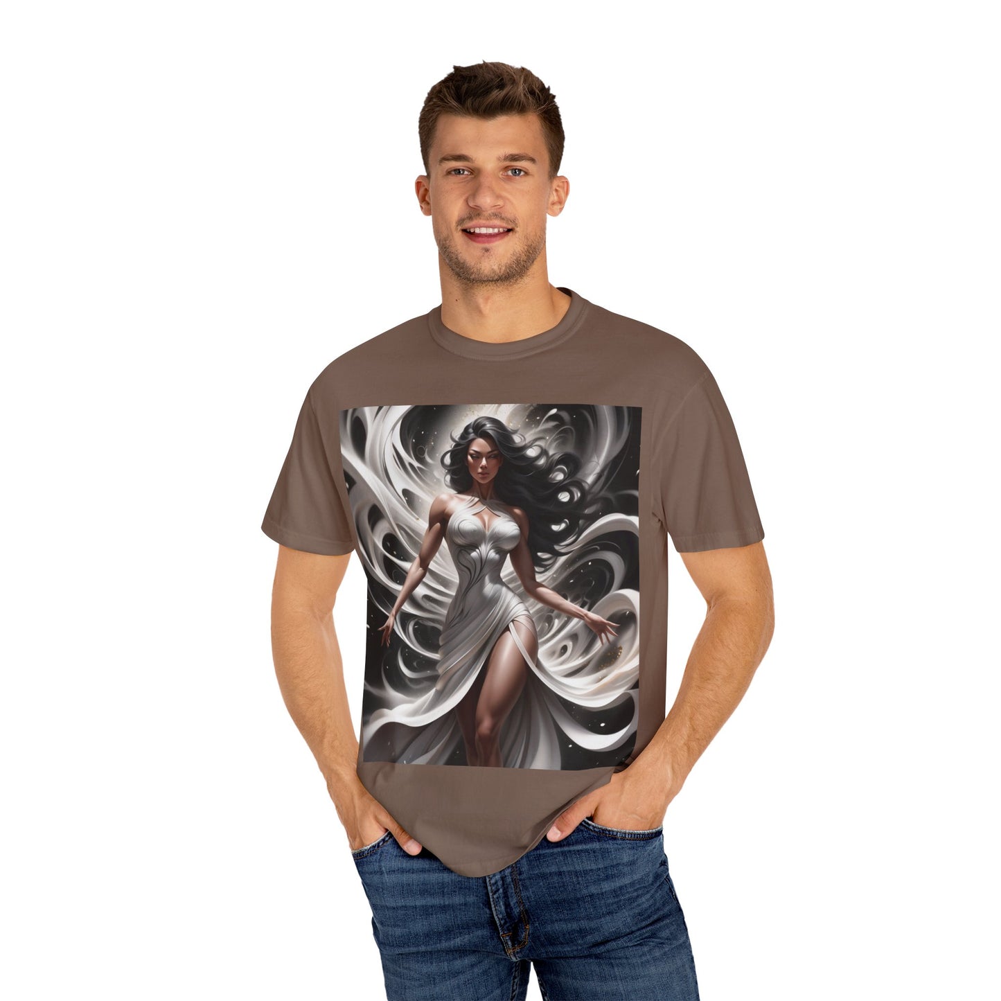 Goddess Art T-Shirt — Elegant White-Draped Fantasy Woman Print