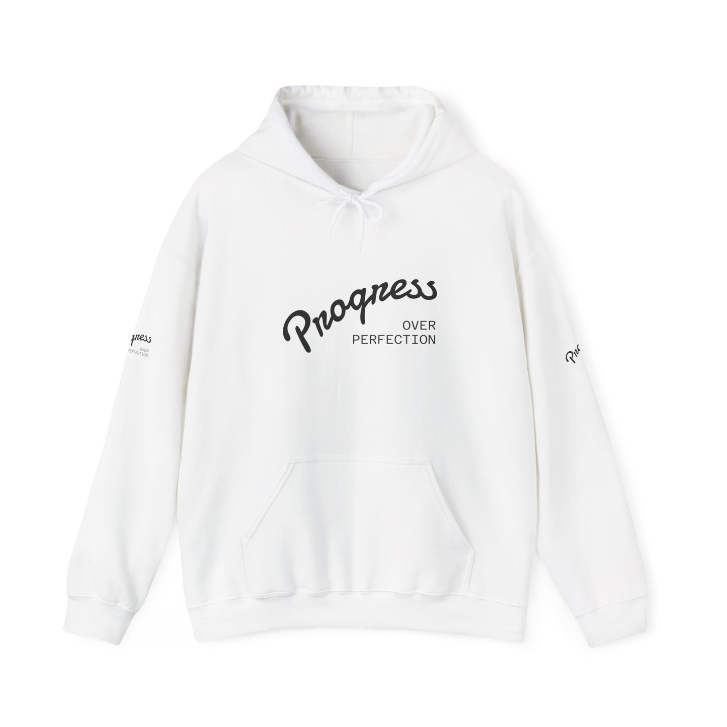 Progress Over Perfection Hoodie — Inspirational Minimalist White Pullover