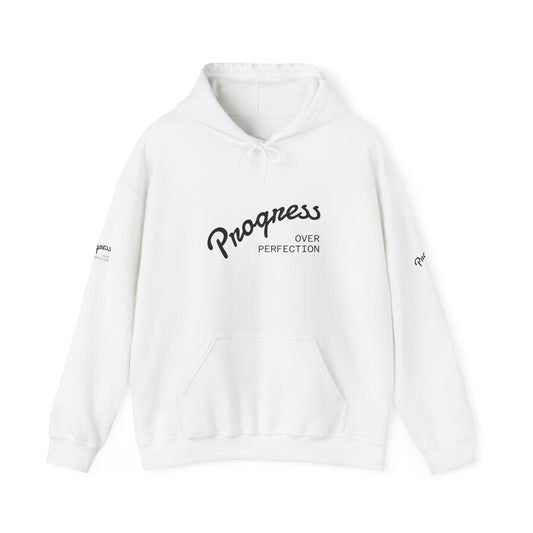 Progress Over Perfection Hoodie — Inspirational Minimalist White Pullover