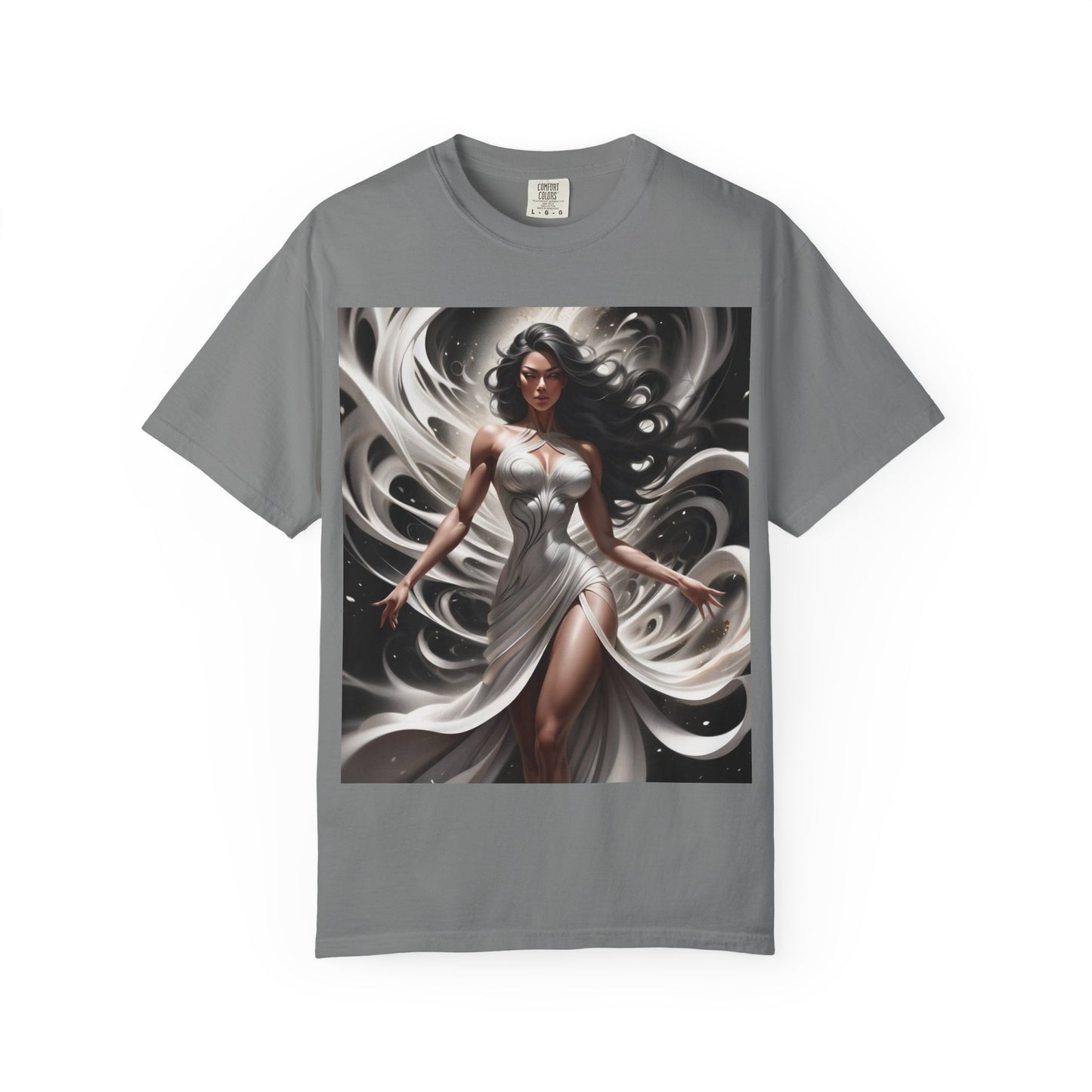 Goddess Art T-Shirt — Elegant White-Draped Fantasy Woman Print
