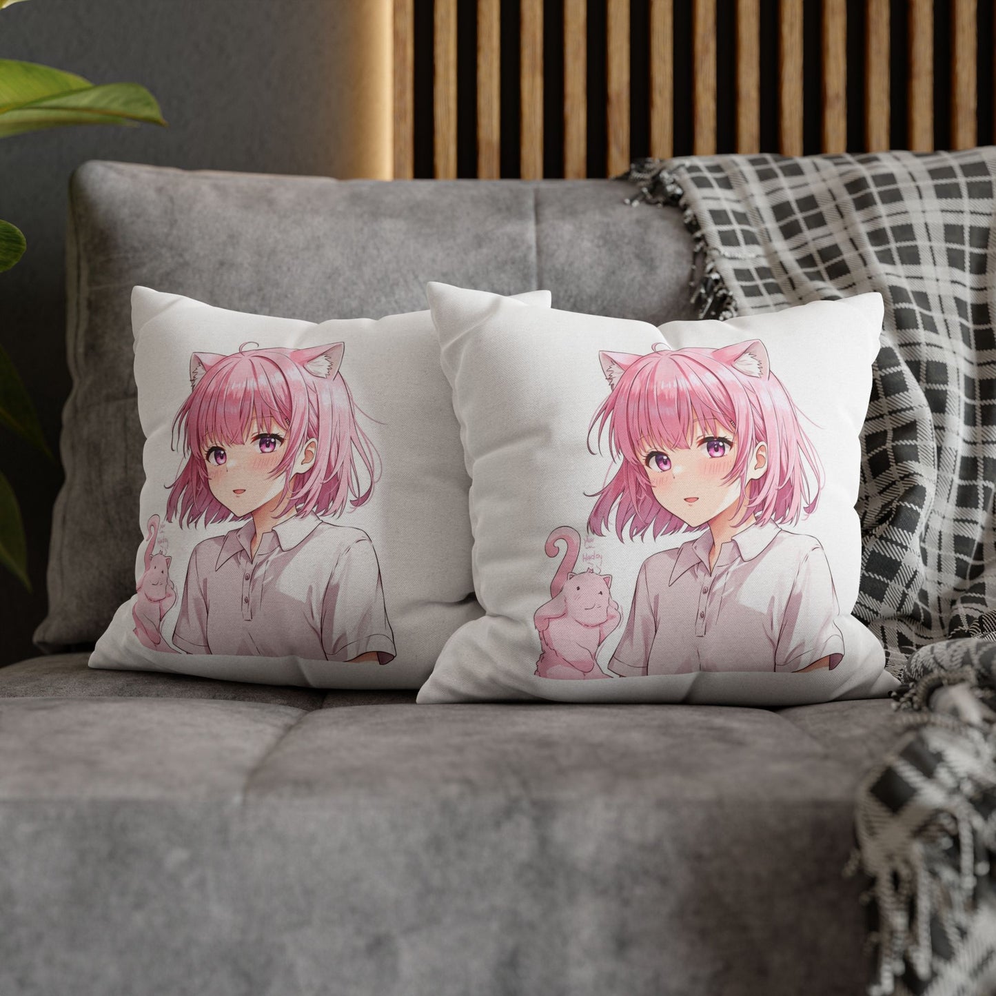 Anime Catgirl Pillowcase — Pink Neko Girl with Kitten Accent