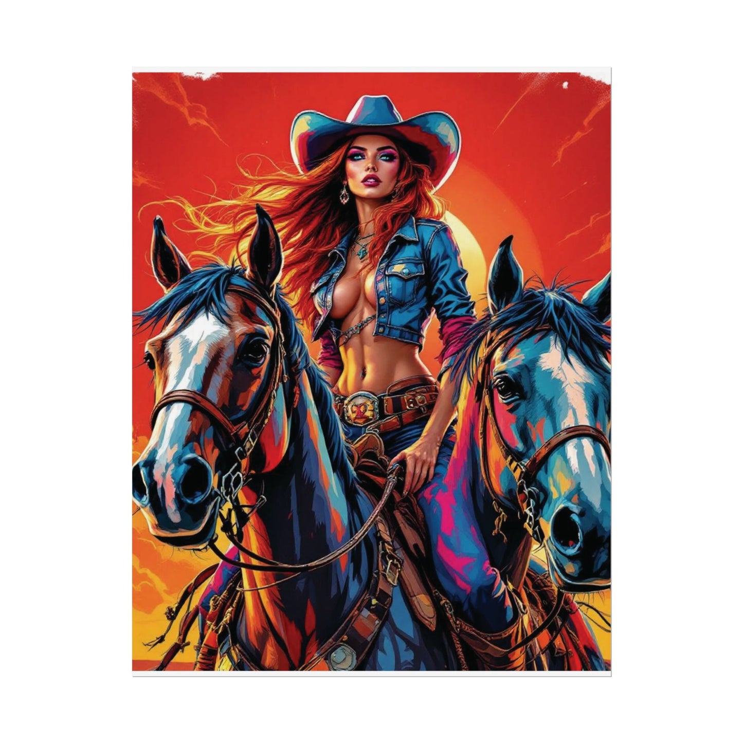 Cowgirl Poster — Vibrant Western Cowgirl Art Print with Horses