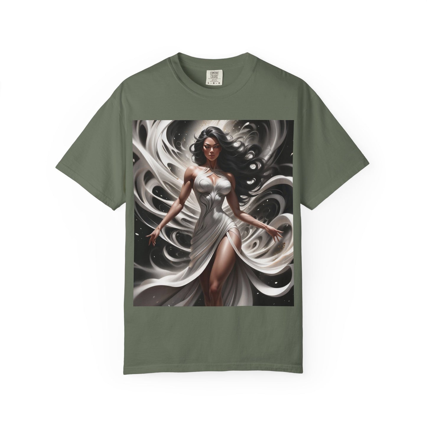 Goddess Art T-Shirt — Elegant White-Draped Fantasy Woman Print