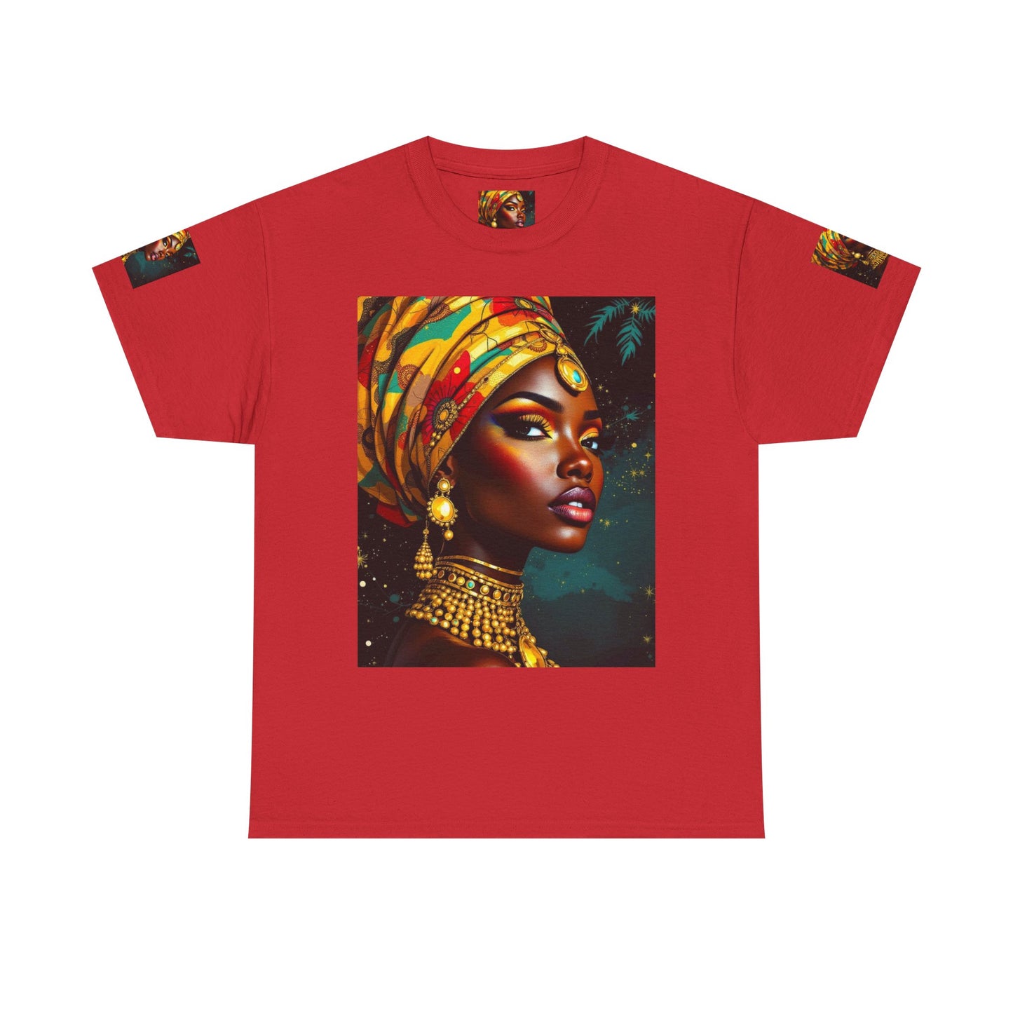 African Queen Portrait T-Shirt — Bold Headwrap & Gold Jewelry Graphic Tee