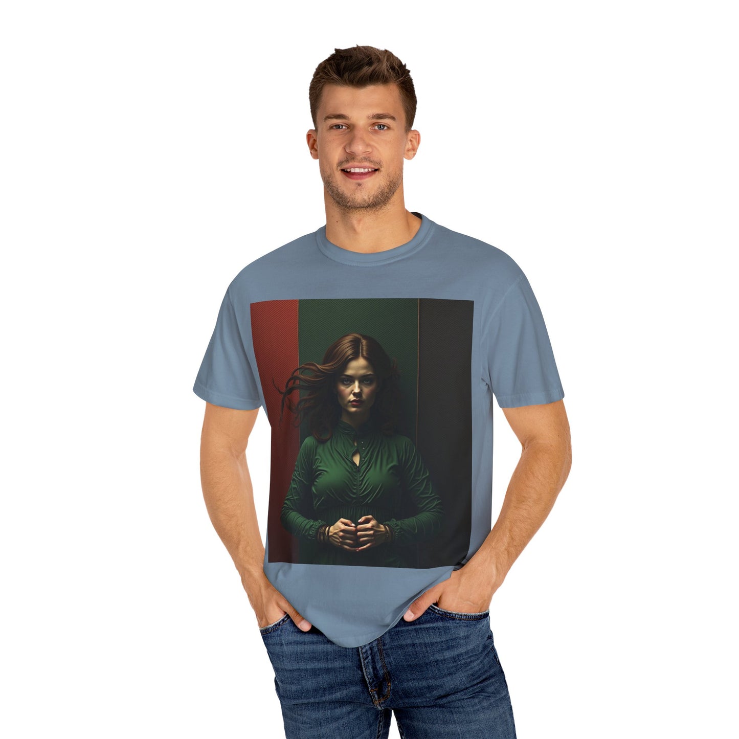 Portrait Photo Tee — Moody Green Woman Graphic T-Shirt