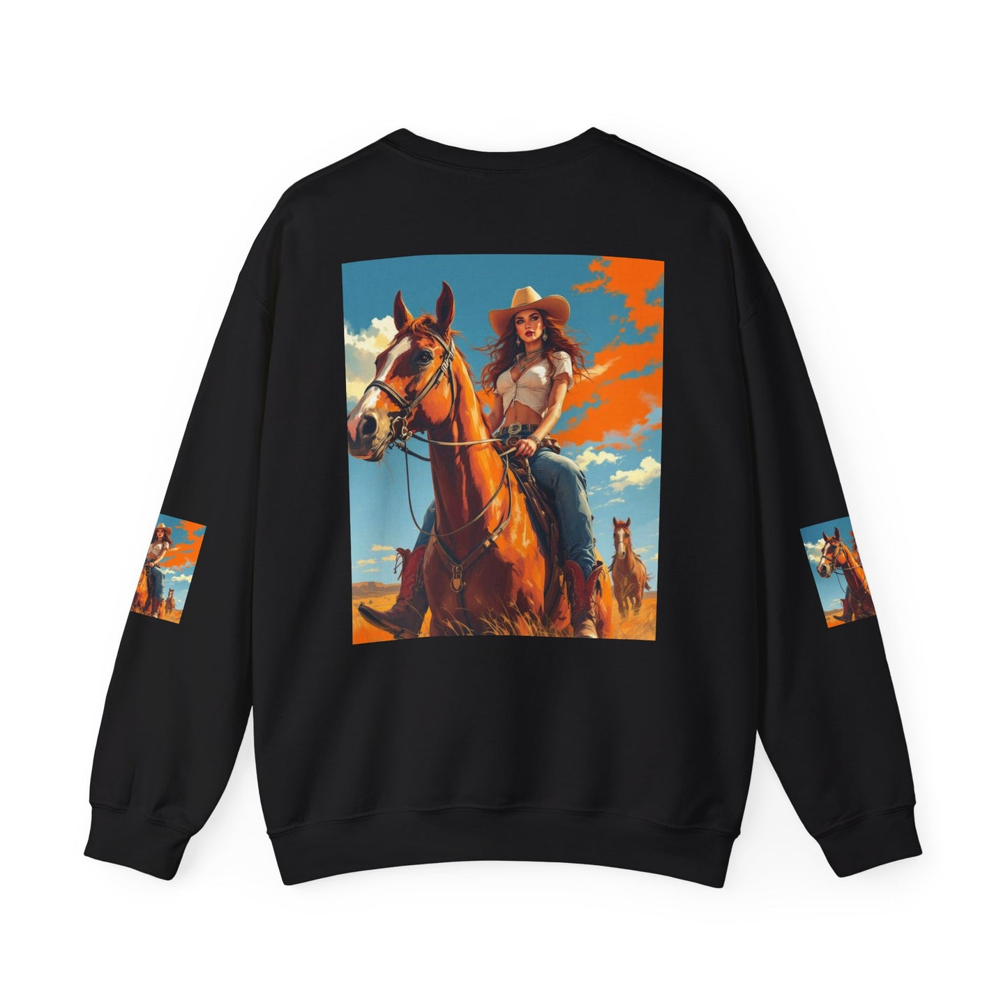 Cowgirl Riding Horse Sweatshirt — Western Sunset Graphic Crewneck