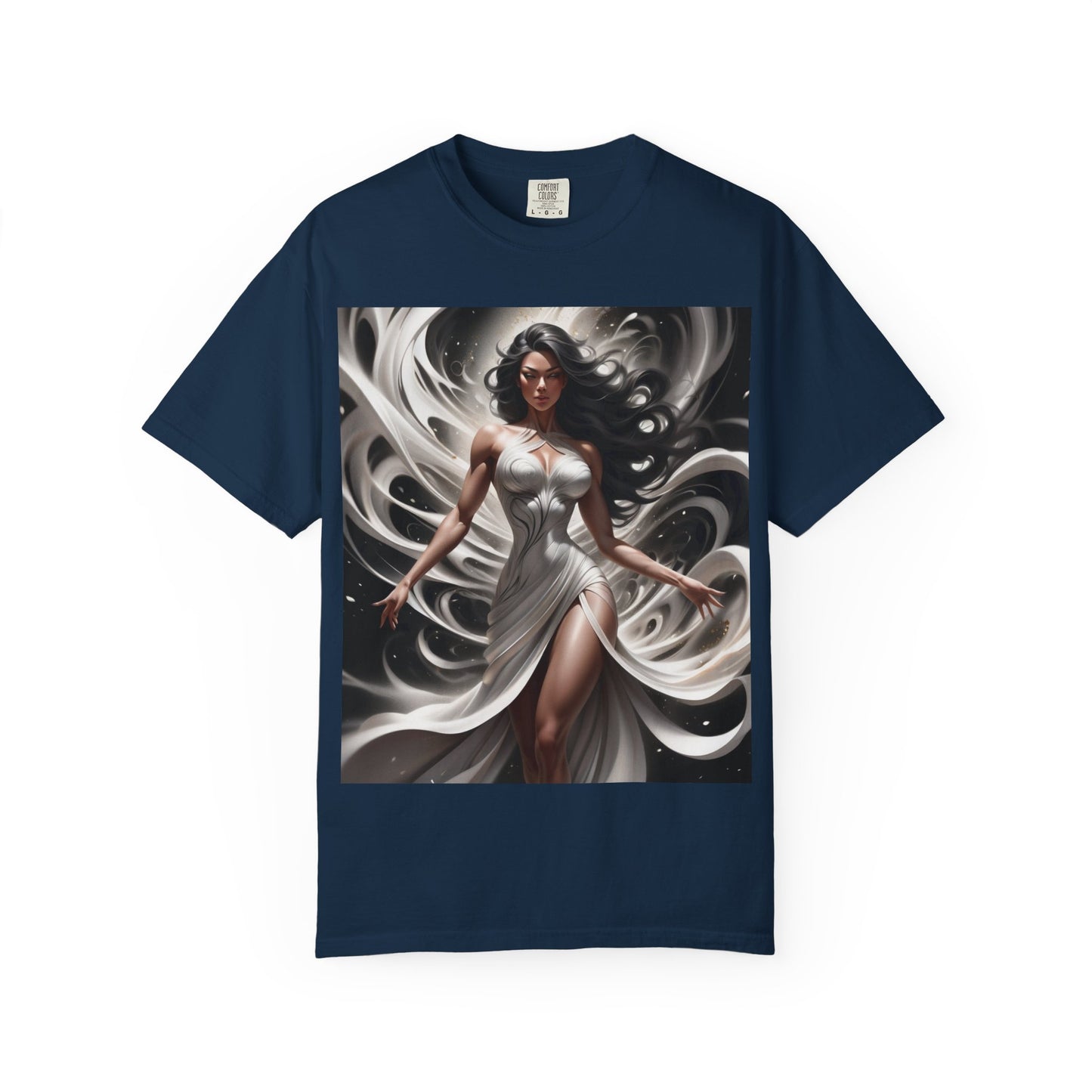 Goddess Art T-Shirt — Elegant White-Draped Fantasy Woman Print