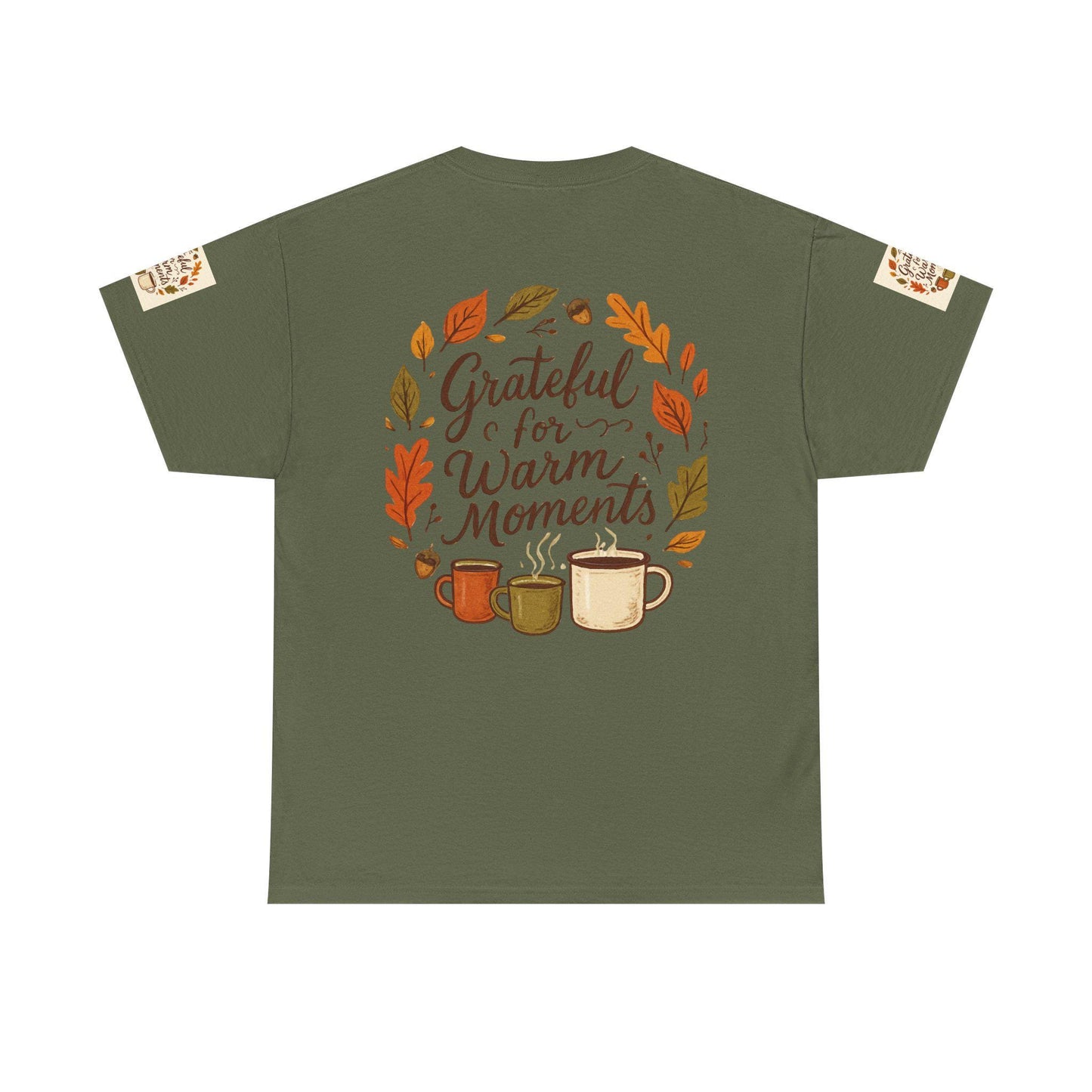 Grateful for Warm Moments Tee | Autumn Leaves, Coffee Mugs, Cozy Fall Design