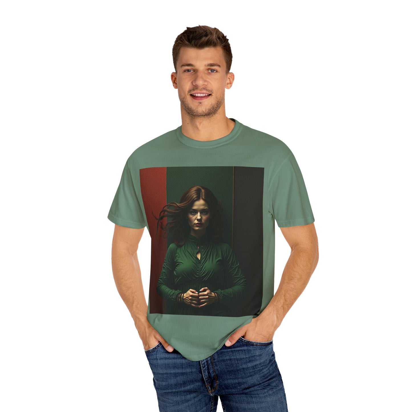 Portrait Photo Tee — Moody Green Woman Graphic T-Shirt