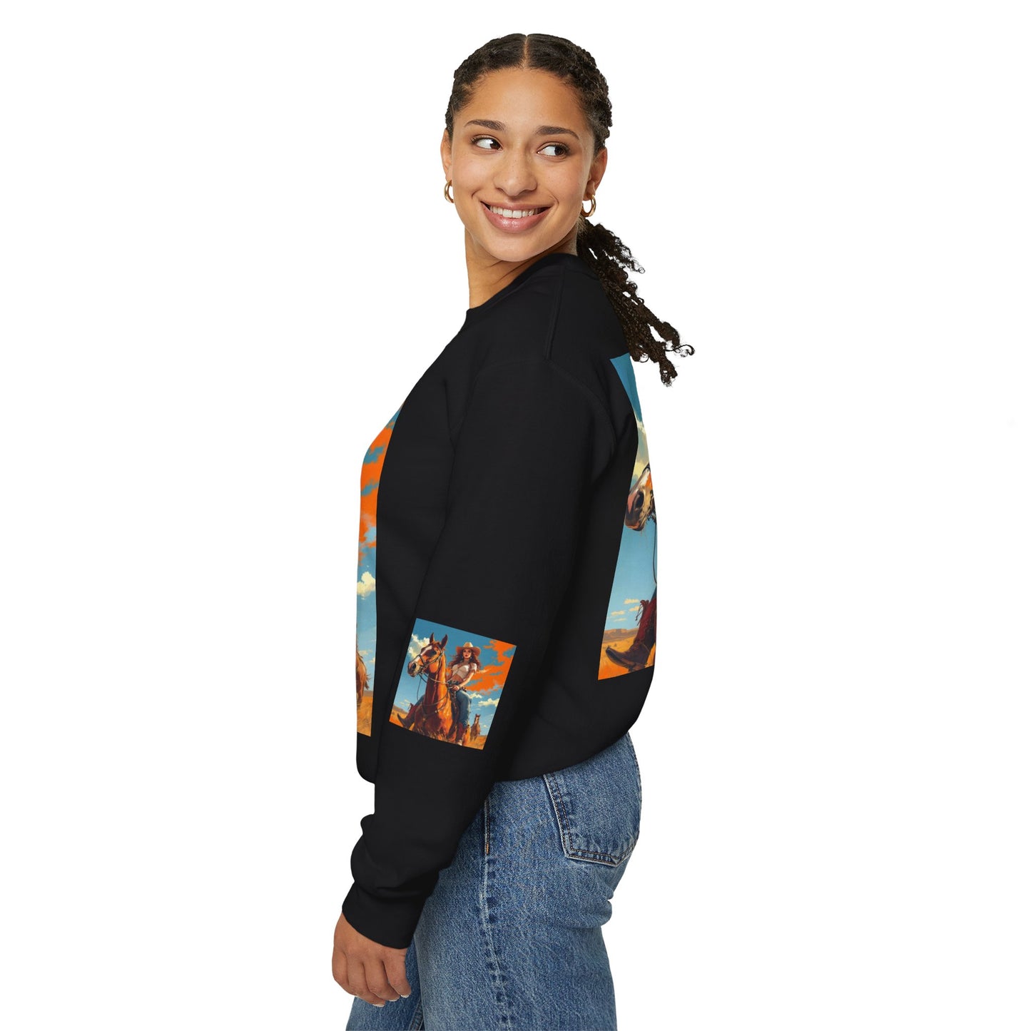 Cowgirl Riding Horse Sweatshirt — Western Sunset Graphic Crewneck