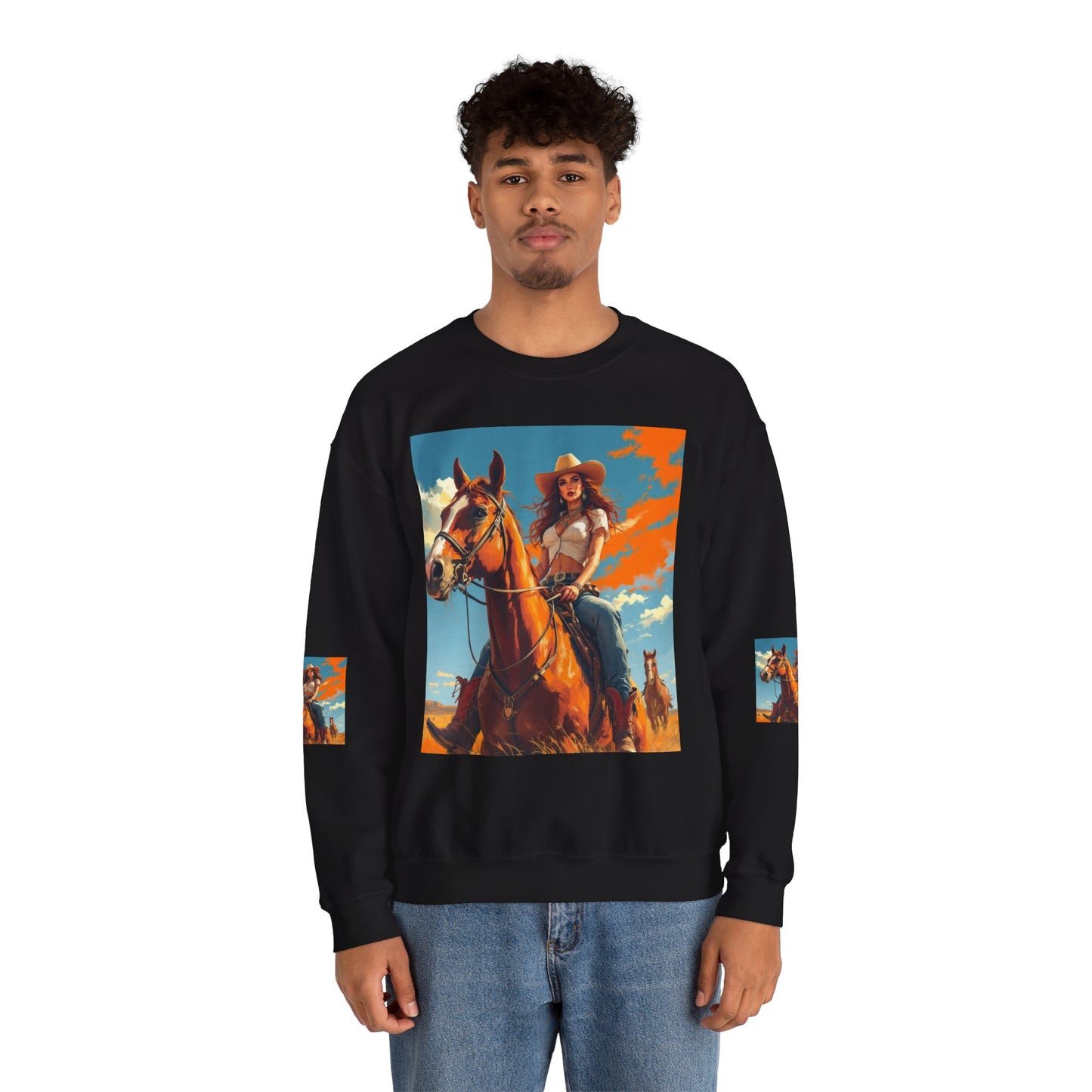 Cowgirl Riding Horse Sweatshirt — Western Sunset Graphic Crewneck