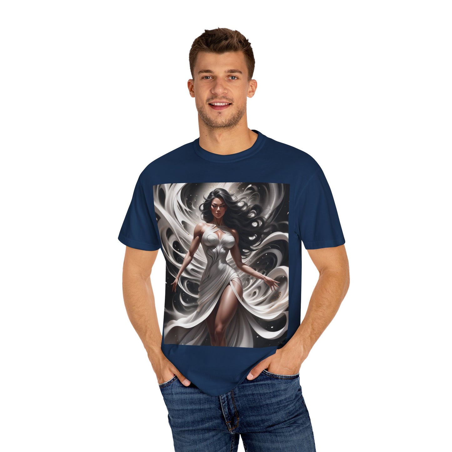 Goddess Art T-Shirt — Elegant White-Draped Fantasy Woman Print
