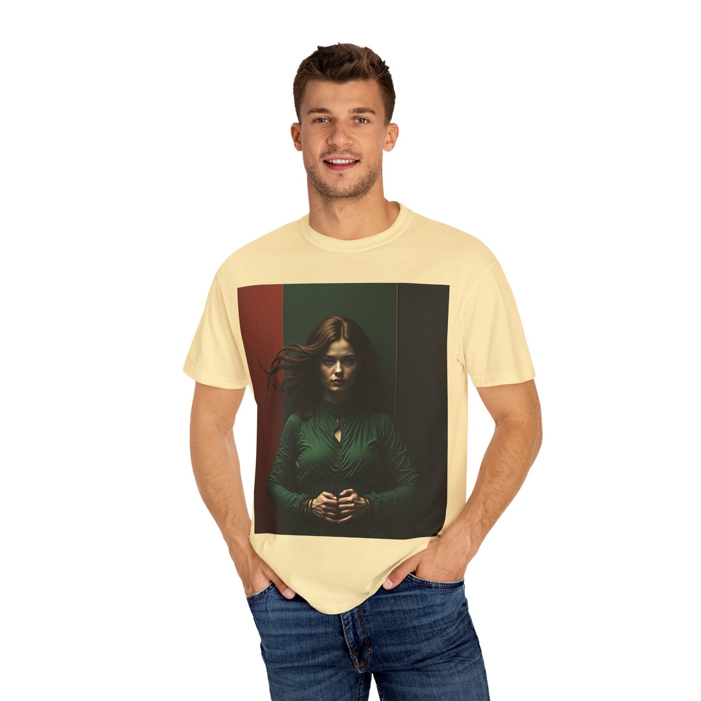 Portrait Photo Tee — Moody Green Woman Graphic T-Shirt