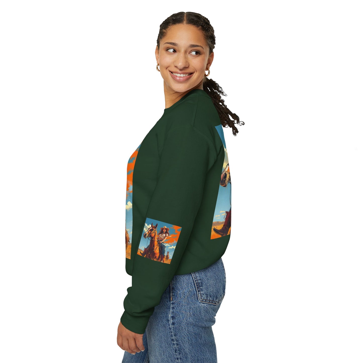 Cowgirl Riding Horse Sweatshirt — Western Sunset Graphic Crewneck