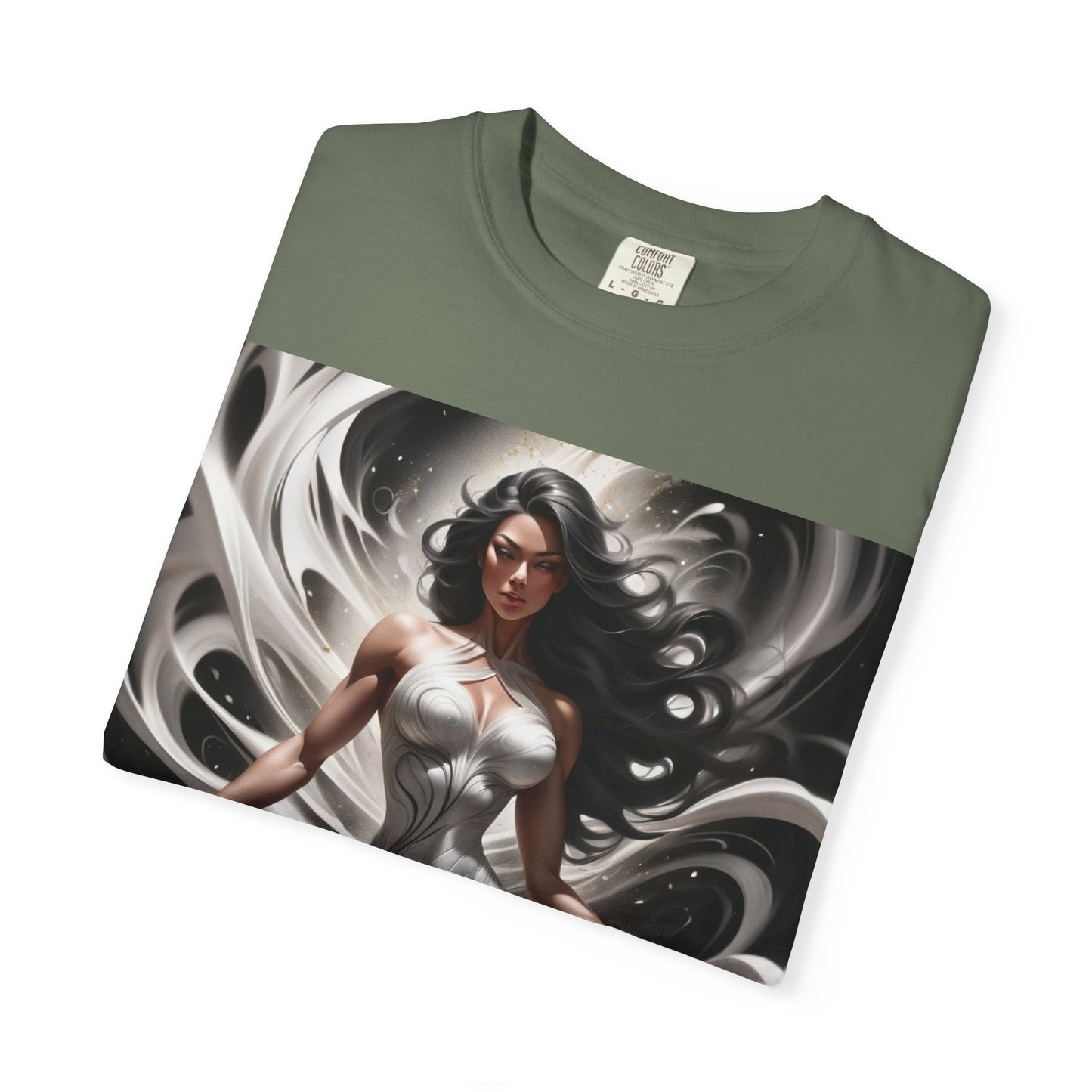 Goddess Art T-Shirt — Elegant White-Draped Fantasy Woman Print