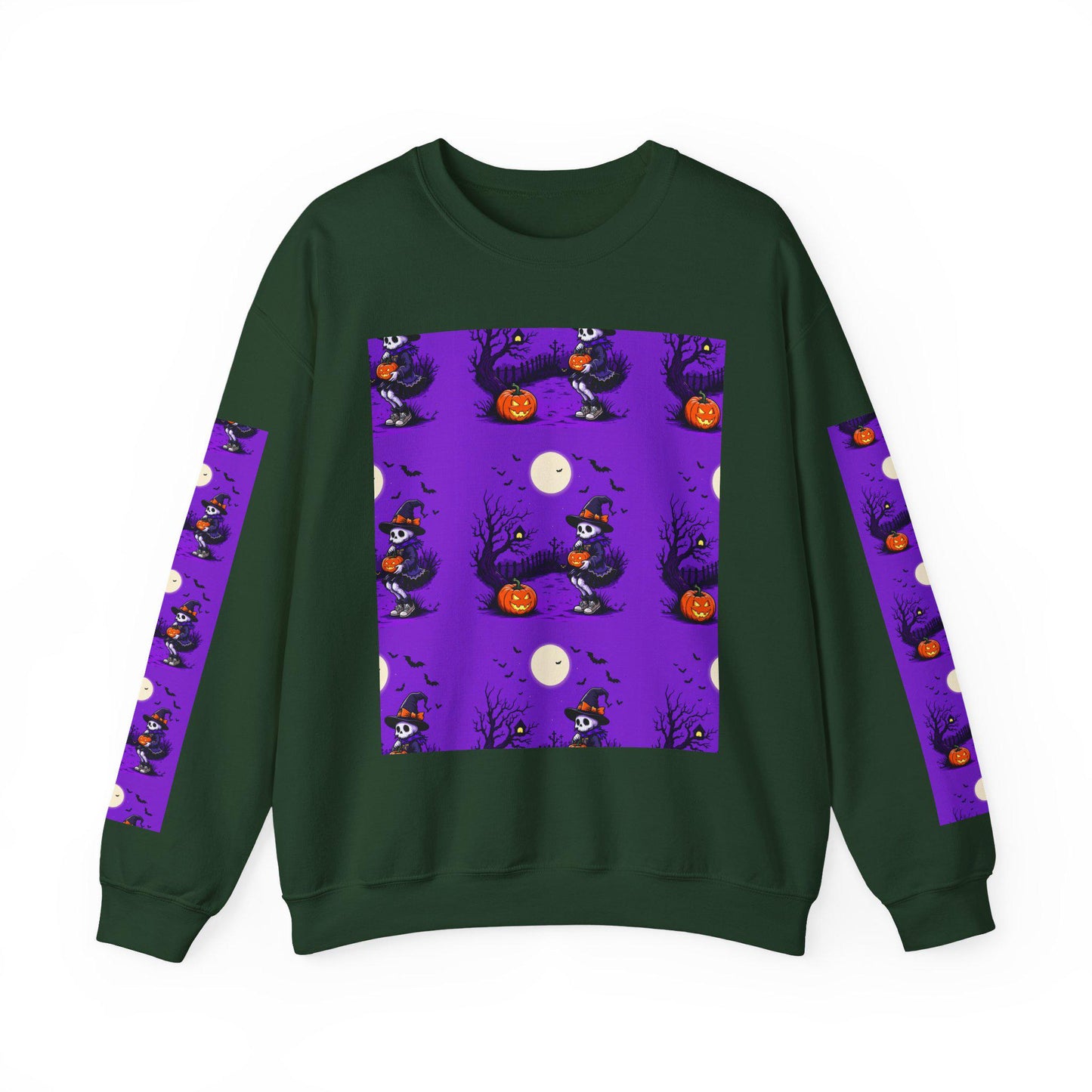 Halloween Crewneck Sweatshirt: Whimsical Pumpkin Skeleton Design