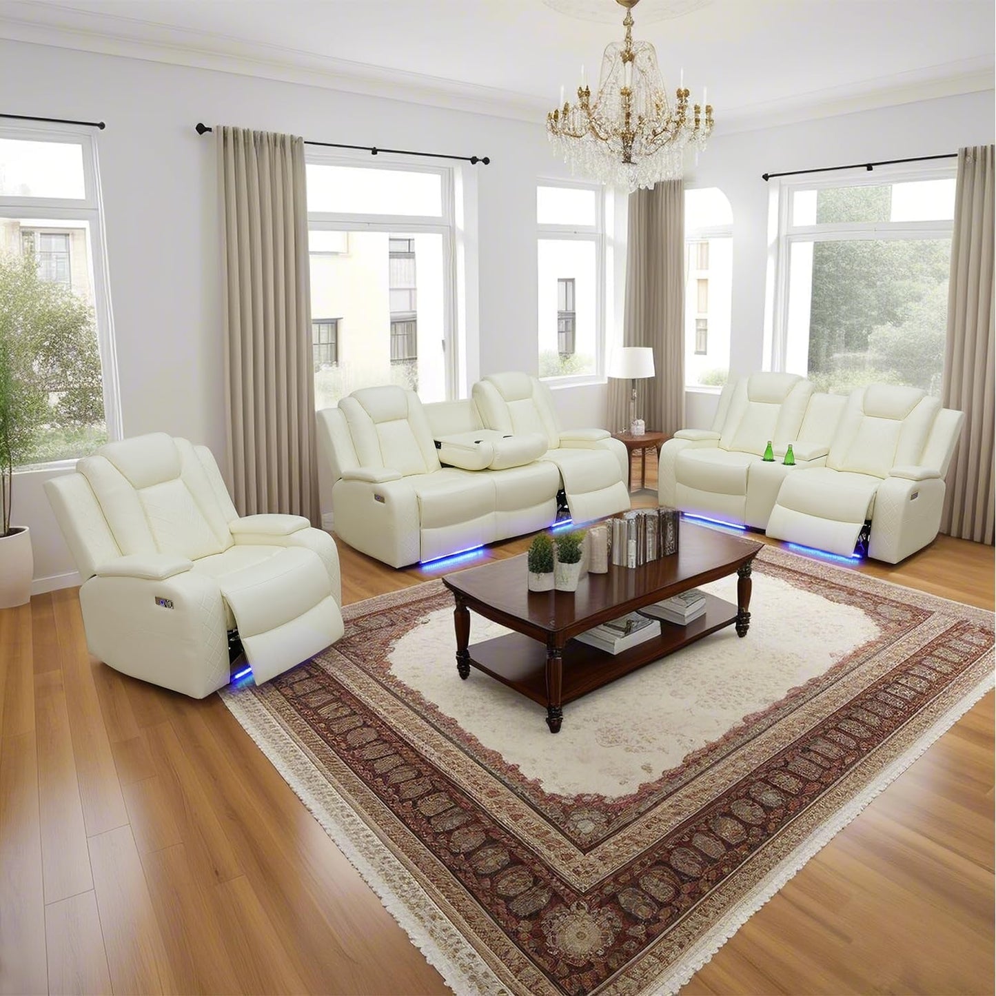 Power Reclining Sofa Set White Living Room Furniture