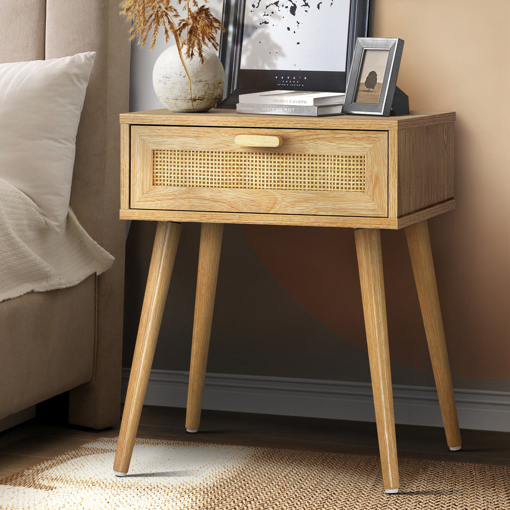 NNEED Bedside Table Wooden Rattan Furniture