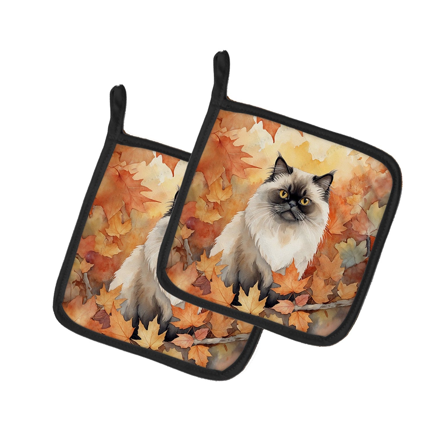 Himalayan Cat in Fall Leaves Pair of Pot Holders