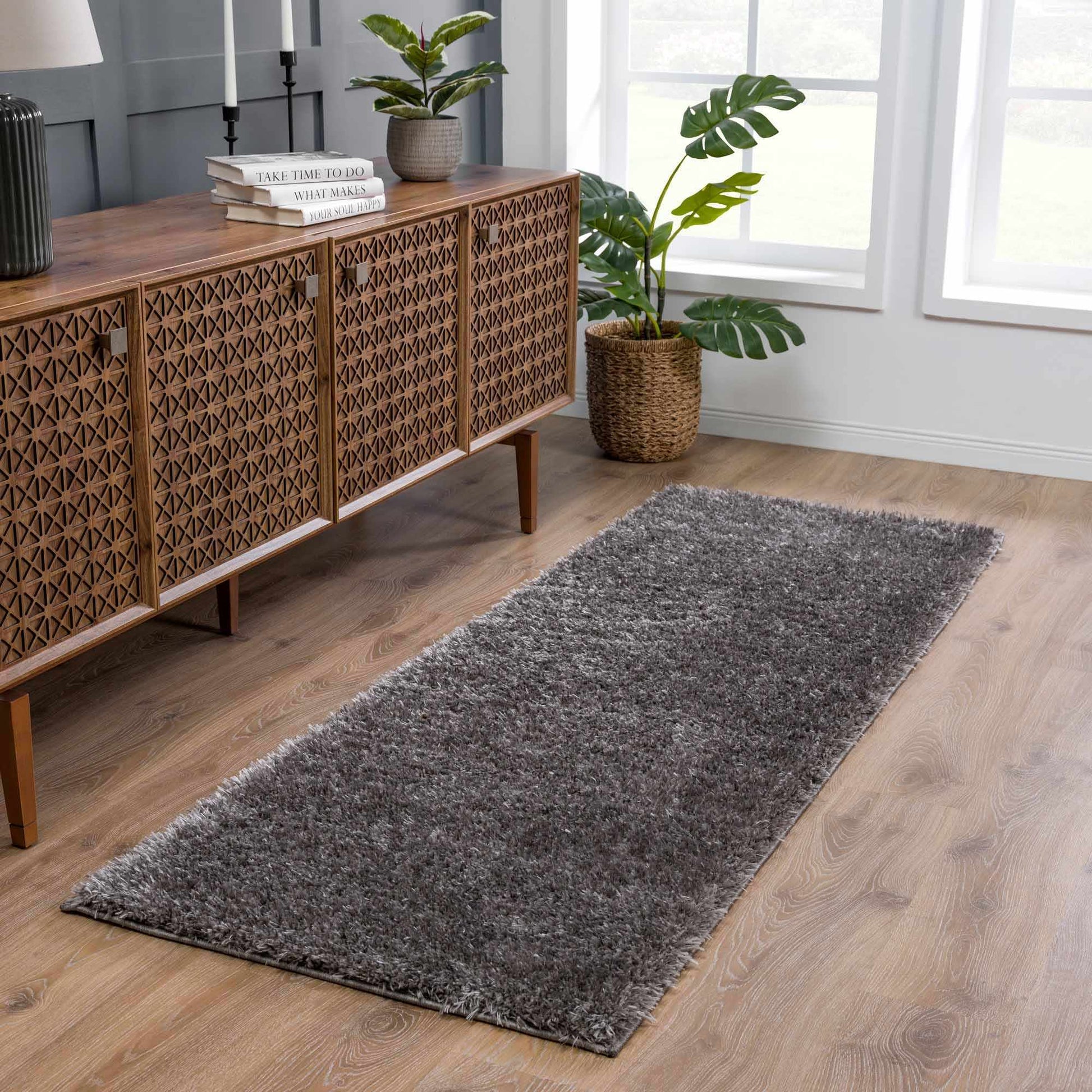 Faina Solid Dark Gray Shag Rug Washable-1