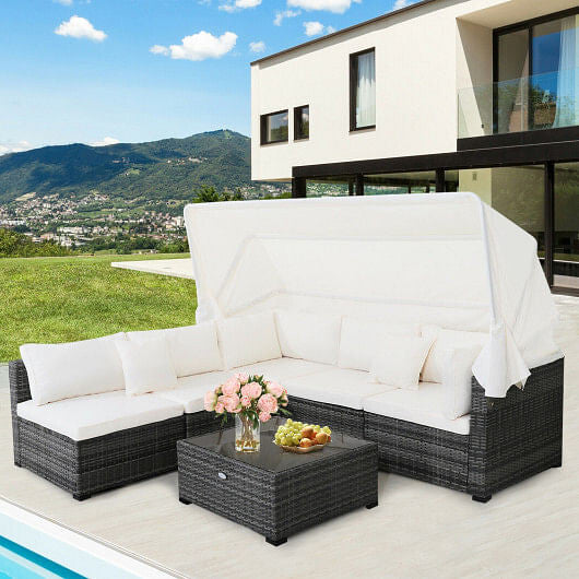 6 Pieces Patio Rattan Furniture Set with Retractable Canopy-0