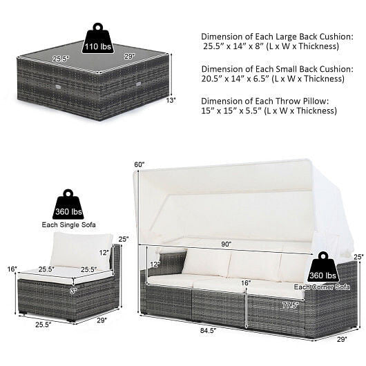 6 Pieces Patio Rattan Furniture Set with Retractable Canopy-2