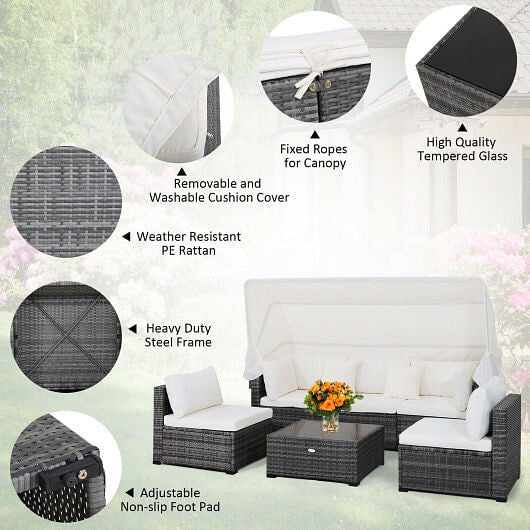 6 Pieces Patio Rattan Furniture Set with Retractable Canopy-3