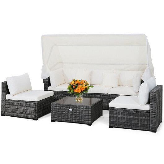 6 Pieces Patio Rattan Furniture Set with Retractable Canopy-4